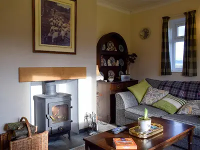 a living room with a couch and a wood stove at Kinverley in Evenjobb