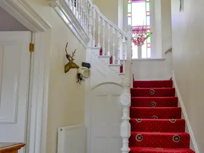 a staircase with a red carpet and a window at Maesbangor Farmhouse in Capel Bangor