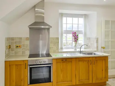 a kitchen with a sink and a stove at Maesbangor Farmhouse in Capel Bangor
