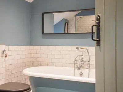 a bathroom with a tub and a toilet and a mirror at Bwthyn Dyfi in Machynlleth