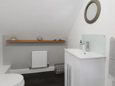 a bathroom with a toilet and a sink and a mirror at Bryn Derw in Barmouth