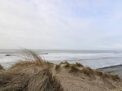 a sandy beach with a view of the ocean at Y Felin - Celyn in Borth