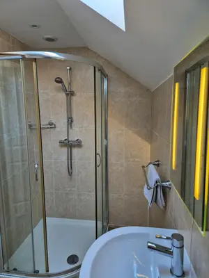 a bathroom with a shower and a sink at Kestrel Farmhouse in Llandovery
