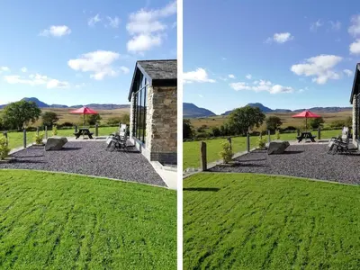 two pictures of a field and a building at Cartref in Trawsfynydd