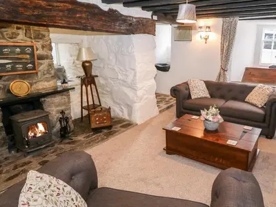 a living room with a couch and a fireplace at Fro Awel in Dolgellau