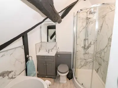 a bathroom with a shower and a toilet and a sink at Fro Awel in Dolgellau