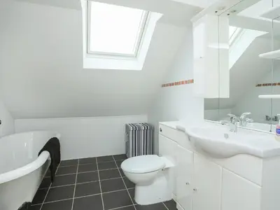 a white bathroom with a toilet and a sink at Red Ridge in Harlech