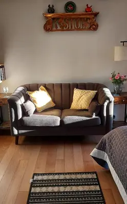 a brown couch sitting in a living room at The Holt in Llangollen