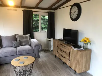 a living room with a couch and a tv at 8F Lakeside Lodge Caer Beris Builth Wells - No Tradesman in Builth Wells