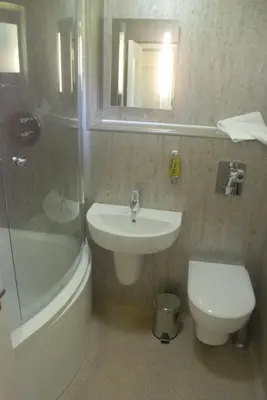 a bathroom with a sink and a toilet and a shower at The Radnorshire Arms Hotel in Presteigne