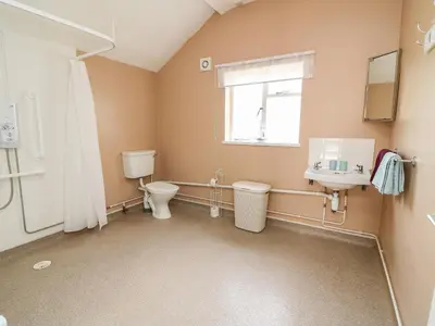 a bathroom with a toilet and a sink at Green Cottage in Rhayader