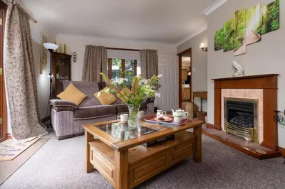 a living room with a couch and a fireplace at Finest Retreats - The Grove Annexe in Craven Arms