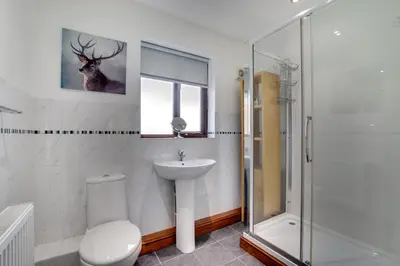 a bathroom with a toilet and a sink and a shower at 3 Bed in Bala oc-bow162 in Bala