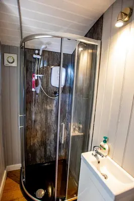 a shower in a bathroom next to a sink at Woodpeckers in Llandrindod Wells