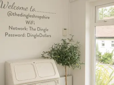 a window with a plant next to a door at The Big Dingle in Church Stretton
