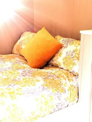 a bedroom with two beds with pillows at the cwch in Llanbister