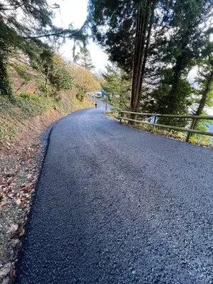 a road with trees and a fence on the side at The Old Stables Aberdyfi apartment 3 in Aberdyfi