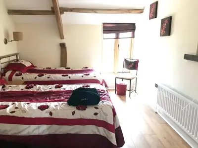 a bedroom with two beds in a room at Peacock Cottage, Coity Bach in Talybont