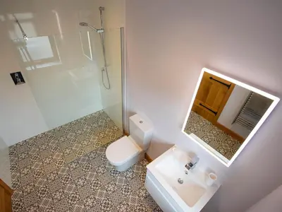a bathroom with a toilet and a sink and a mirror at Granar in Derwen