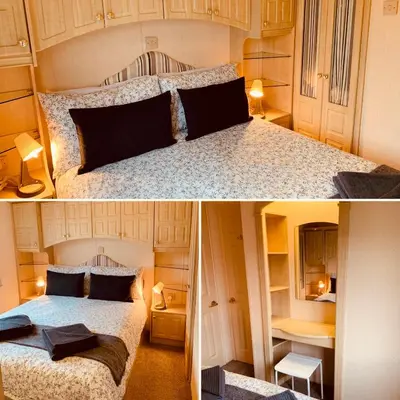 two pictures of a bedroom with a bed at 157 Amour Caravan in Tywyn