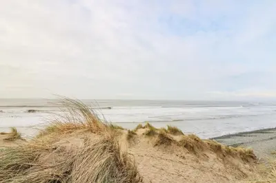 a sand dune on a beach next to the ocean at Ystwyth 26 in Borth