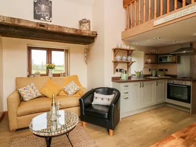 a living room with a couch and a table at Tegfan Barn in Rhayader