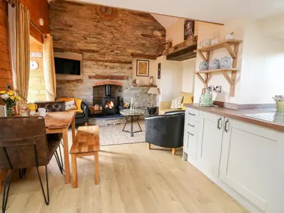 a kitchen and living room with a table and a fireplace at Tegfan Barn in Rhayader