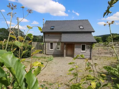 a small house in the middle of a garden at Brynlikky Cottage in Bucknell