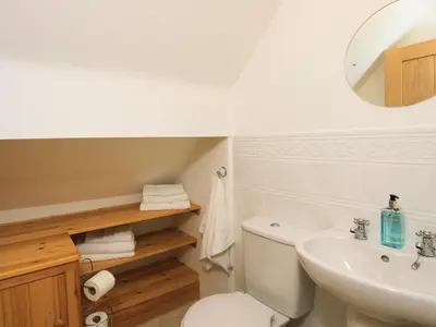 a bathroom with a toilet and a sink and a mirror at Garnedd Lwyd in Harlech
