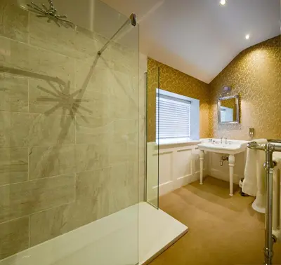 a bathroom with a shower and a sink at Bettws Hall Accommodation in Newtown