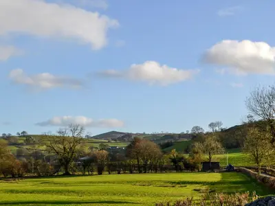 a green field with trees and hills in the background at Cain Pod Vip in Llanfyllin