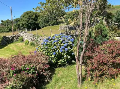 a garden with colorful flowers and a stone wall at Cwt y Bugail in Barmouth