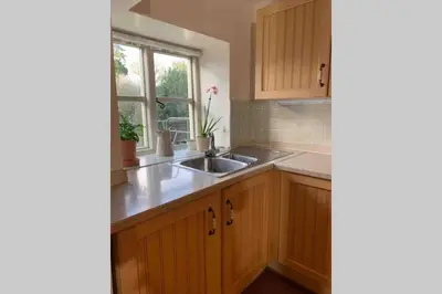 a kitchen with wooden cabinets and a sink and a window at Upper Heath Farm - Stable Cottage Ludlow in Craven Arms