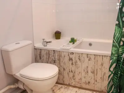 a bathroom with a toilet and a bath tub at 1 Royal Oak Cottages in Shrewsbury