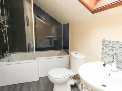 a bathroom with a toilet and a tub and a sink at Tynewydd Fields in Lampeter