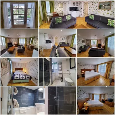 a collage of photos of a living room and a house at Portmeirion Village & Castell Deudraeth in Porthmadog
