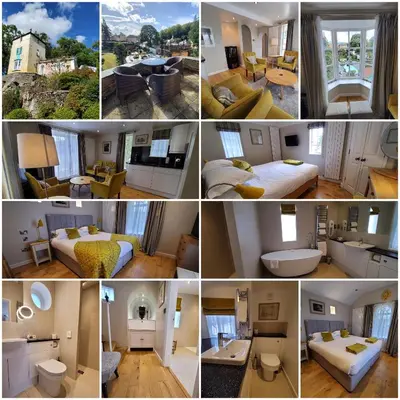 a collage of photos of a hotel room at Portmeirion Village & Castell Deudraeth in Porthmadog