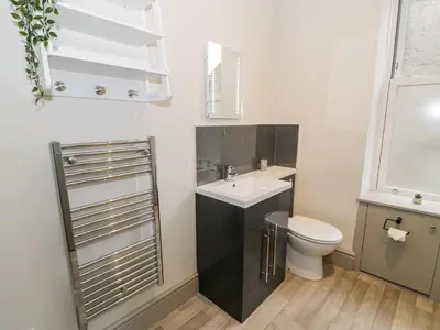 a bathroom with a sink and a toilet at Emerald Suite in Barmouth