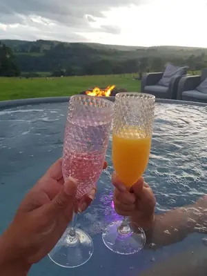 two people holding up wine glasses in front of a pool at Great House Farm Luxury Pods and Self Catering in Crickadarn