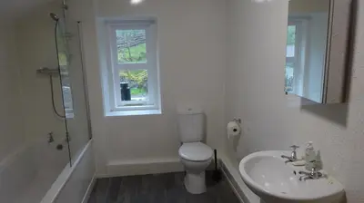a white bathroom with a toilet and a sink at Blaentwrch Farmhouse in Llanddewi-Brefi