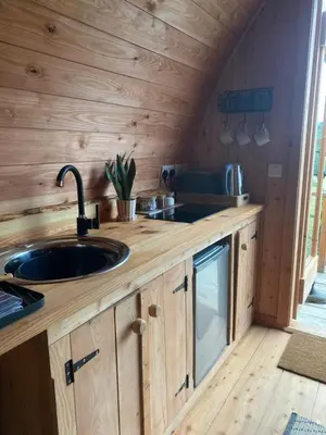 a kitchen with a sink in a wooden cabin at Hillside hideaway - Hendre-Aur Pod in Machynlleth