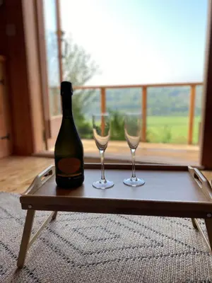 a bottle of wine and two glasses on a table at Hillside hideaway - Hendre-Aur Pod in Machynlleth