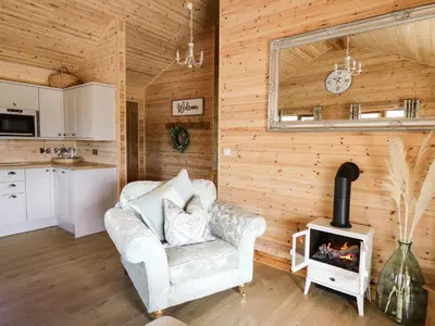 a living room with a couch and a stove at The Larches in Llanidloes