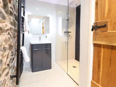 a bathroom with a shower and a sink at Bwthyn Y Bugail Shepherd's Cottage in Oswestry