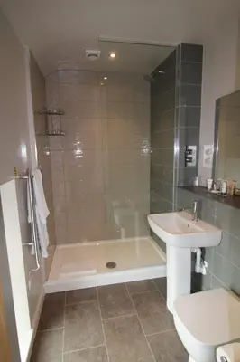 a bathroom with a shower and a sink and a toilet at rooms @ the dolau inn in New Quay