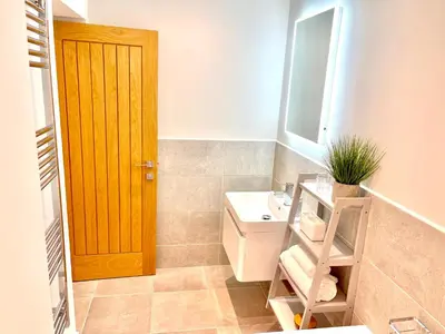 a bathroom with a sink and a wooden door at Apartment Twelve in Shrewsbury