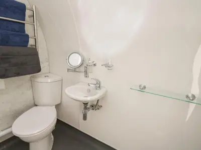 a bathroom with a toilet and a sink at Seren in Llandrindod Wells