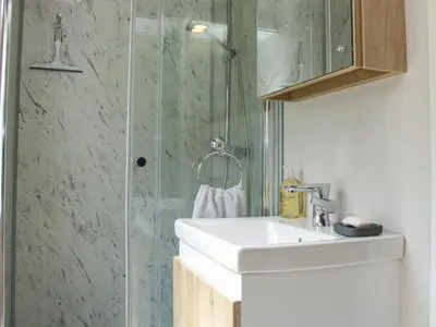 a bathroom with a sink and a shower at Jacob's Meadow Pod 2 in Shrewsbury
