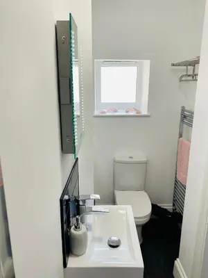 a bathroom with a white sink and a toilet at Bellaview Apartment Barmouth in Barmouth