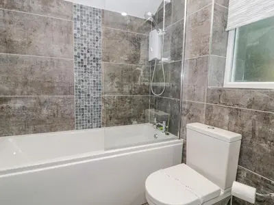 a bathroom with a toilet and a tub and a sink at Cae Lleci in Dolgellau
